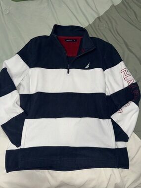 Nautica Men’s Navy and White Striped Quarter-Zip Pullover
